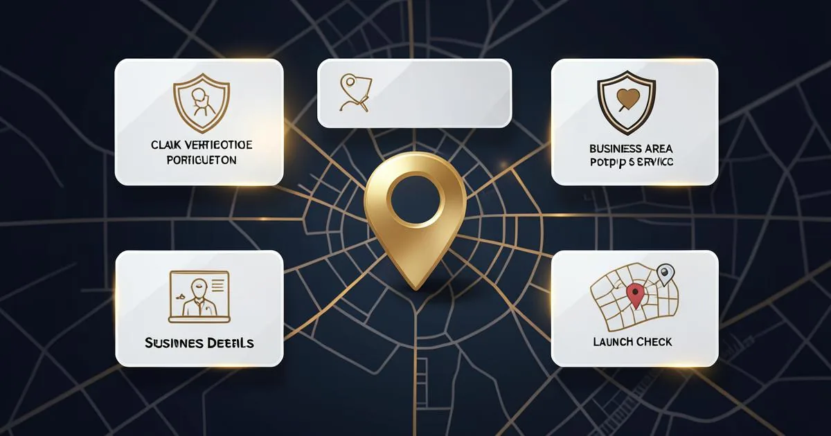 Business profile setup stages arranged around a Chennai location pin