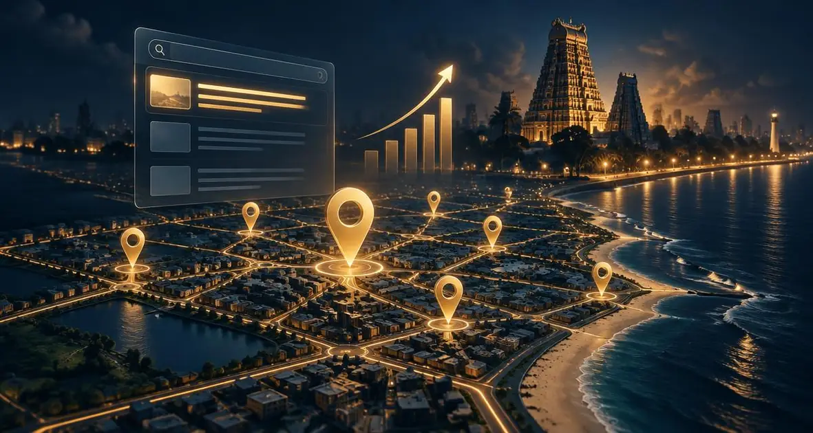 Glowing map pins over a Chennai city grid beside a search result card, illustrating Google Business Profile visibility