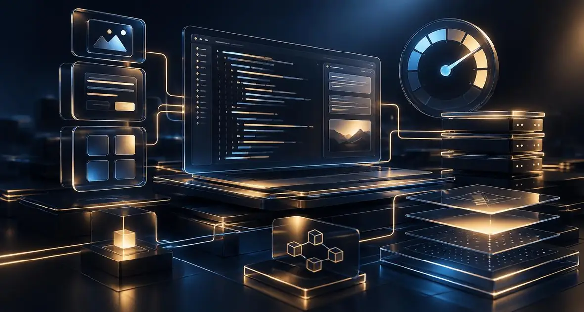 Abstract code panels, connected components and a performance dial, illustrating website development work