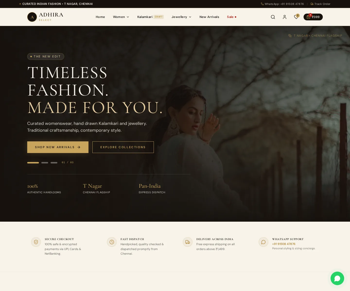Adhira Select e-commerce website designed by Flashify Digital on desktop