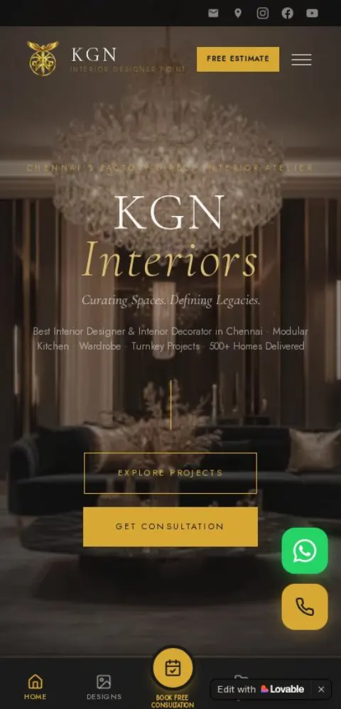 KGN Interior Designer Point website shown on a mobile phone