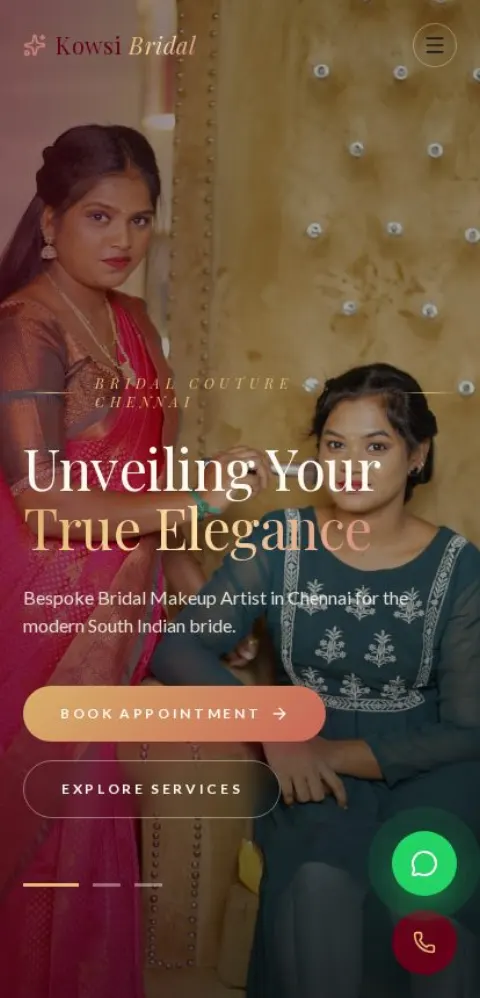 Kowsi Bridal Makeup Artist website shown on a mobile phone