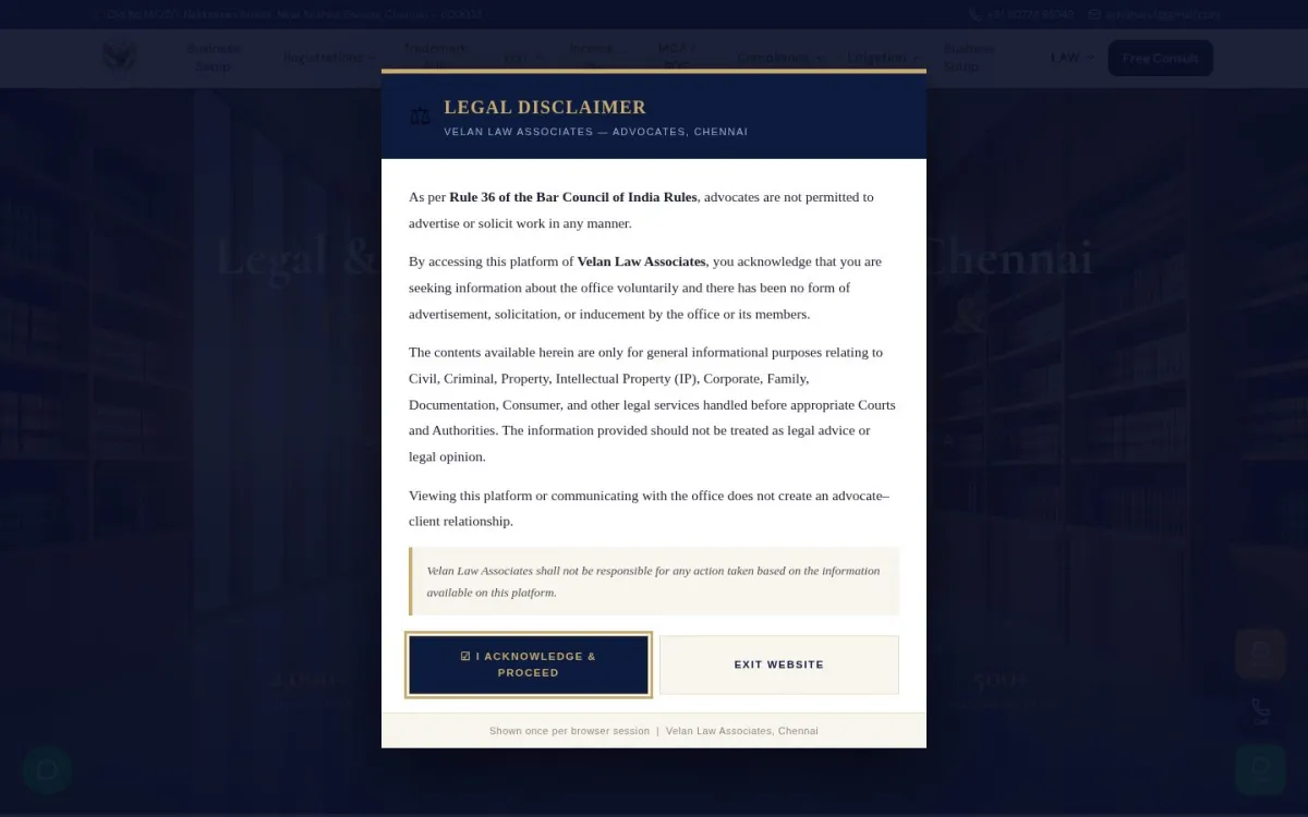 Velan Law Associates website shown on desktop