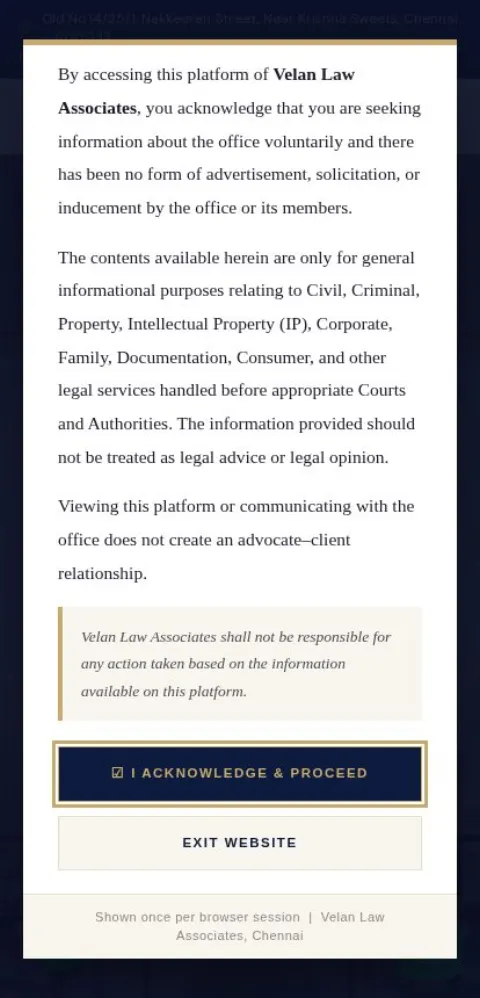 Velan Law Associates website shown on a mobile phone